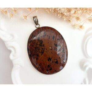 Mahogany Obsidian Oval Crystal Shaped Large Silver Toned Vintage Pendant